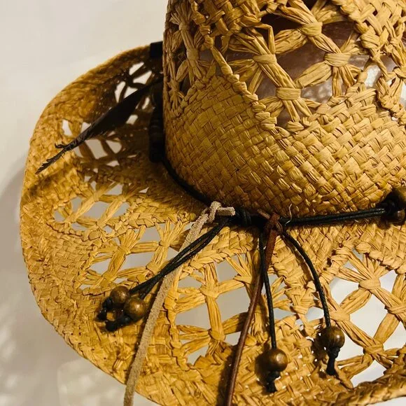 NWT Peter Grimm Brown Crochet Straw Cowboy Hat with Beaded Band Peter Grimm Straw Cowboy Hat-Brown Beaded/Feathers-Country  main image 2